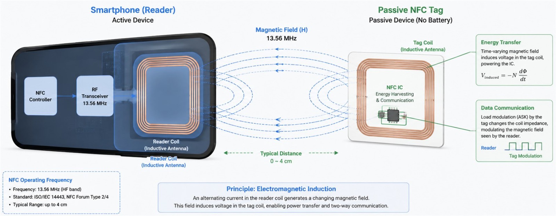 Technical diagram showing electromagnetic induction between a smartphone reader and a passive NFC tag antenna at 13.56 MHz Technical diagram showing electromagnetic induction between a smartphone reader and a passive NFC tag antenna at 13.56 MHz