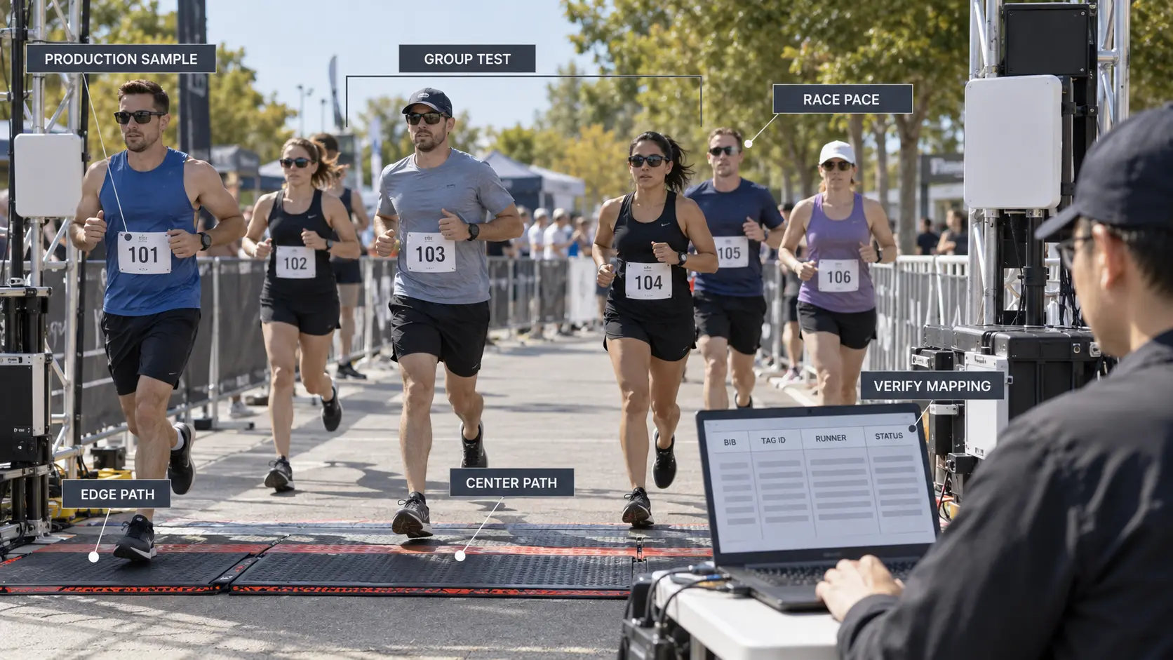 Multiple runners crossing an RFID race timing zone during a dynamic pre-race test while staff verify bib and tag mapping. Multiple runners crossing an RFID race timing zone during a dynamic pre-race test while staff verify bib and tag mapping.
